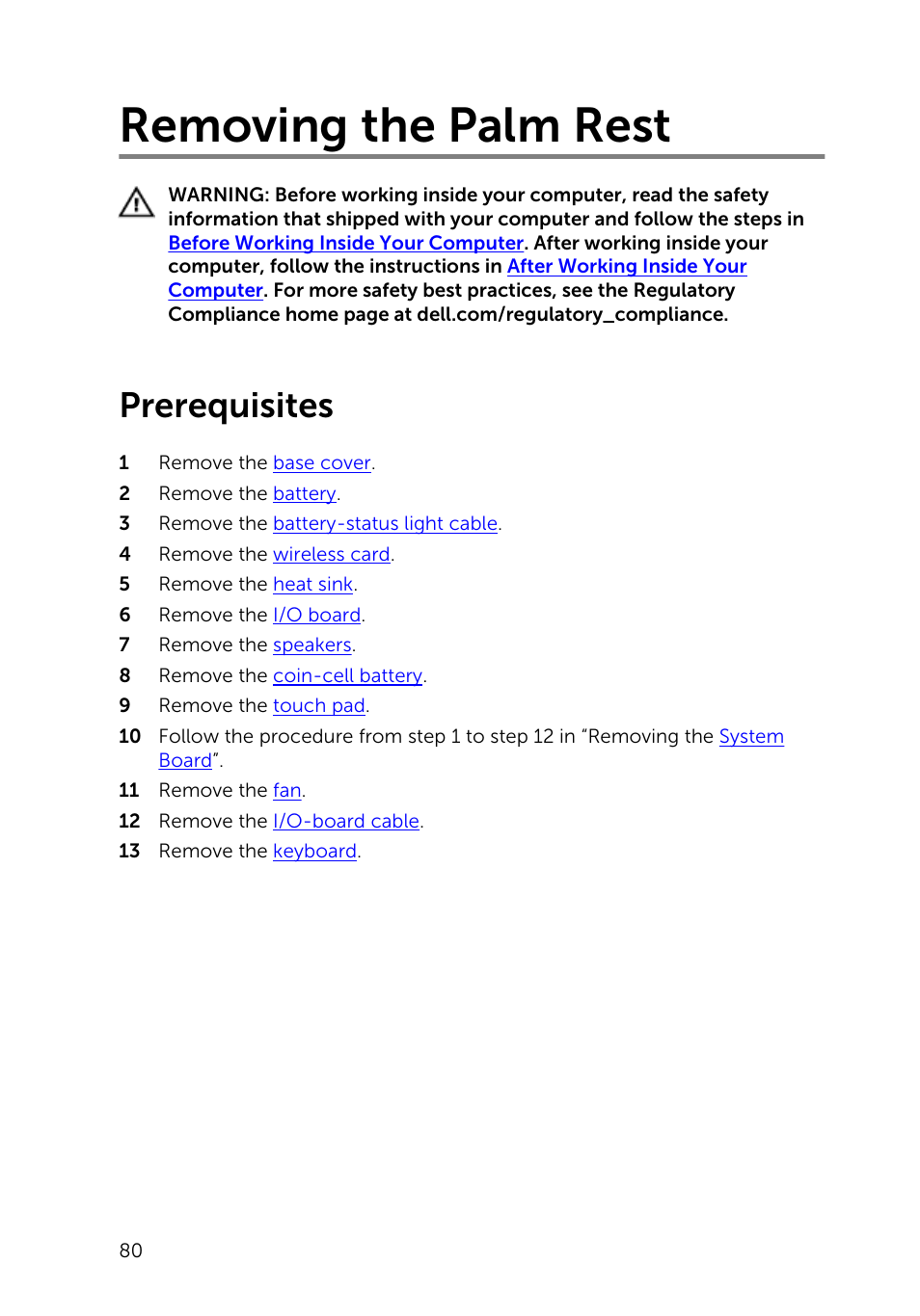 Removing the palm rest, Prerequisites | Dell XPS 13 (9343, Early 2015) User Manual | Page 80 / 86