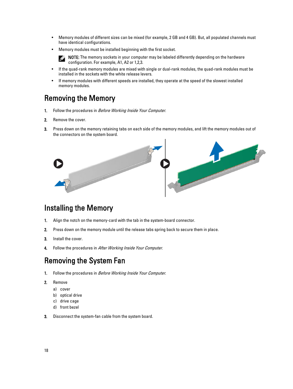 Removing the memory, Installing the memory, Removing the system fan | Dell OptiPlex 9020 (Mid 2013) User Manual | Page 18 / 61
