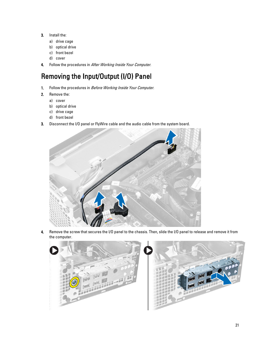 Removing the input/output (i/o) panel | Dell OptiPlex 9020 (Mid 2013) User Manual | Page 21 / 61