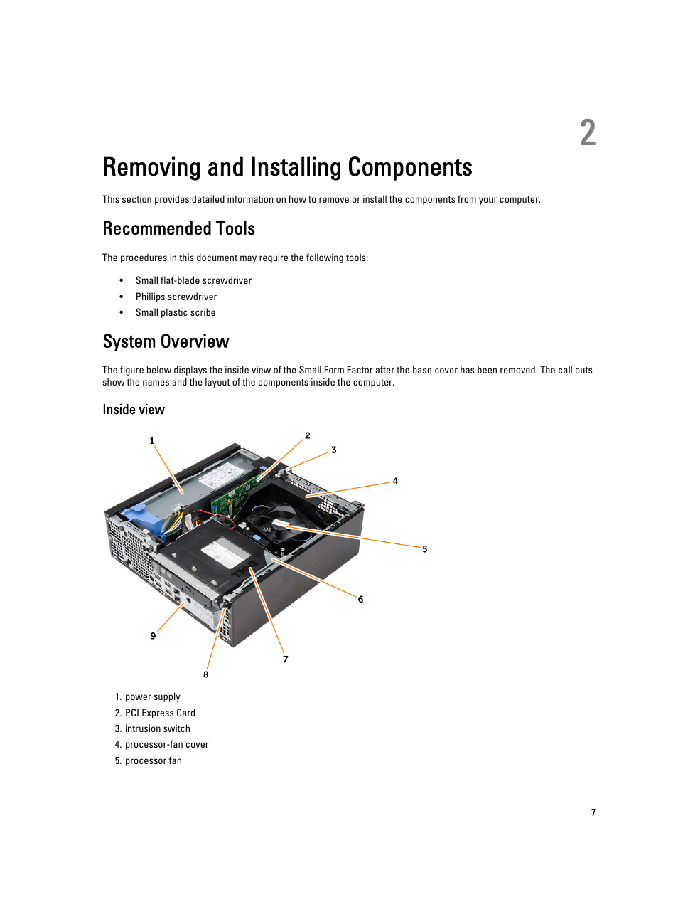 Removing and installing components, Recommended tools, System overview | Inside view, 2 removing and installing components | Dell OptiPlex 9020 (Mid 2013) User Manual | Page 7 / 61