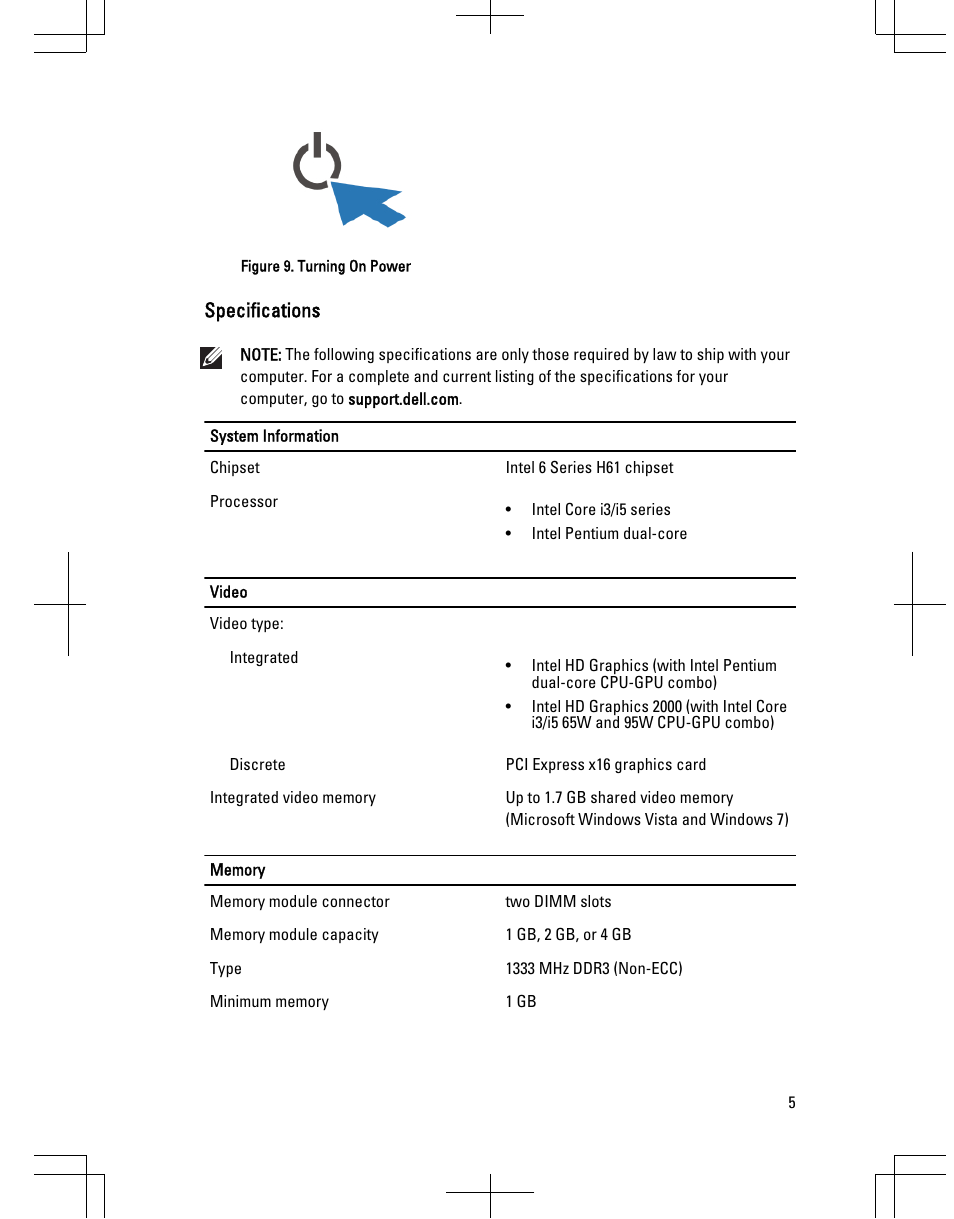 Specifications | Dell Vostro 260s (Mid 2011) User Manual | Page 5 / 8