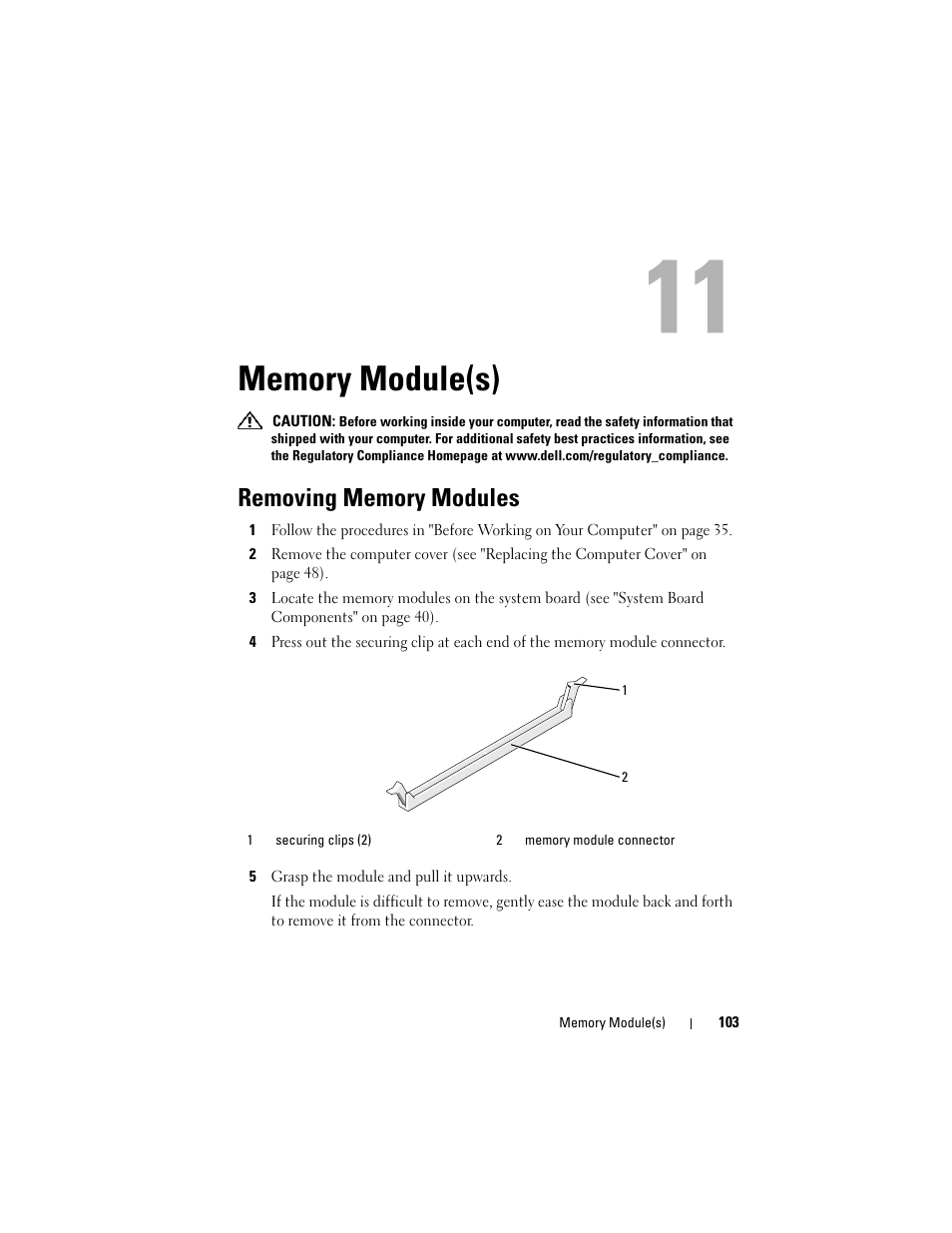 Memory module(s), Removing memory modules | Dell Vostro 220 (Late 2008) User Manual | Page 103 / 138