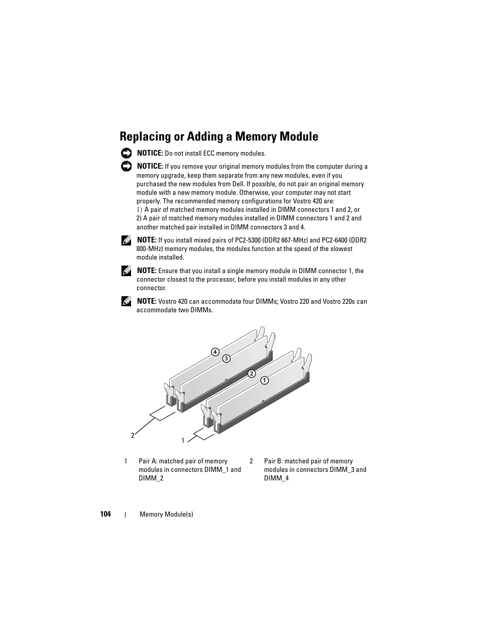 Replacing or adding a memory module, Les (see "replacing or adding a memory | Dell Vostro 220 (Late 2008) User Manual | Page 104 / 138