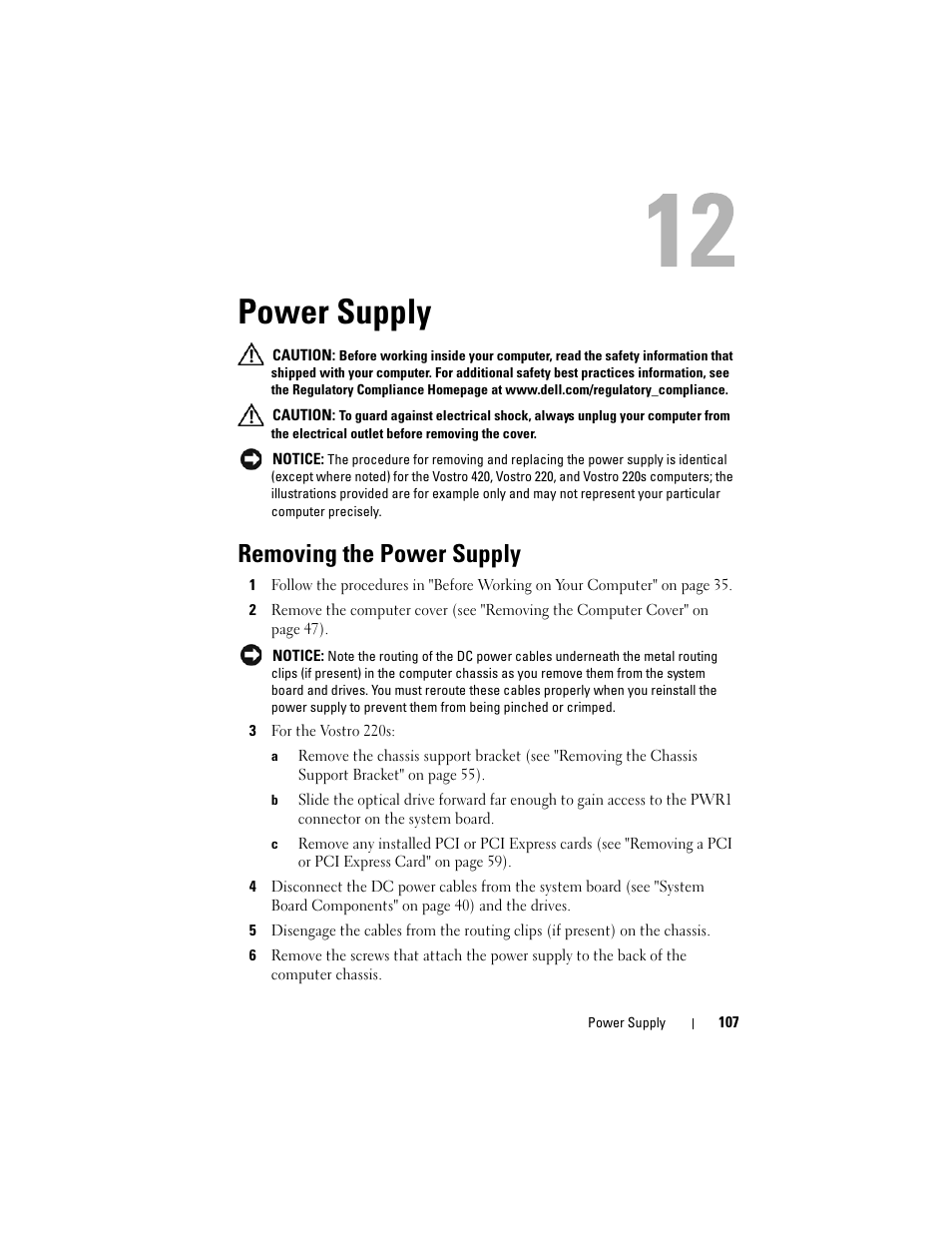 Power supply, Removing the power supply | Dell Vostro 220 (Late 2008) User Manual | Page 107 / 138