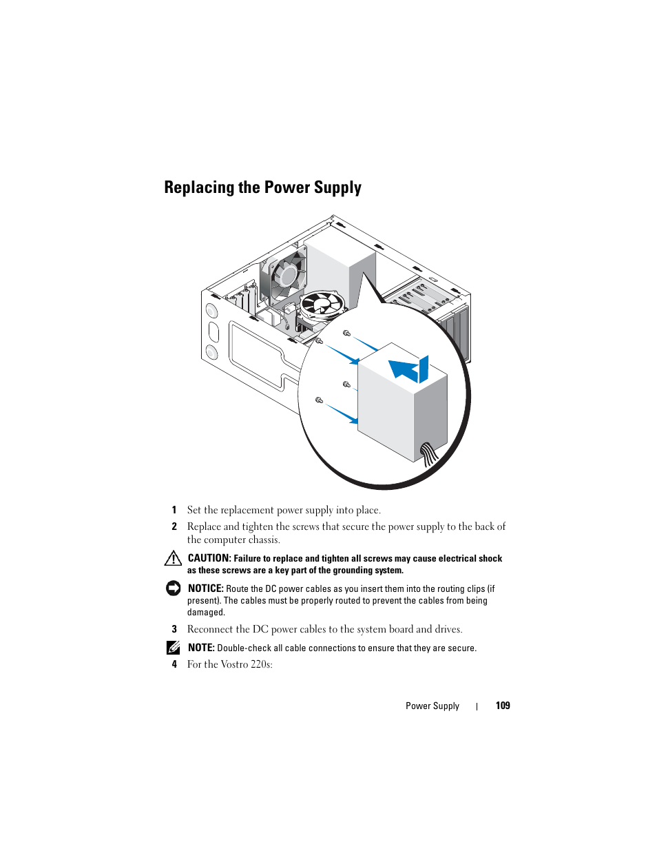 Replacing the power supply | Dell Vostro 220 (Late 2008) User Manual | Page 109 / 138