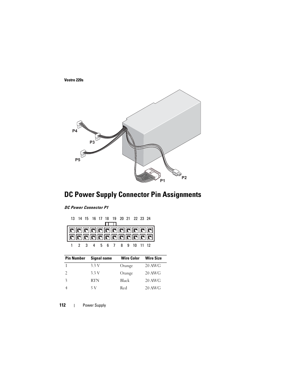 Dc power supply connector pin assignments | Dell Vostro 220 (Late 2008) User Manual | Page 112 / 138