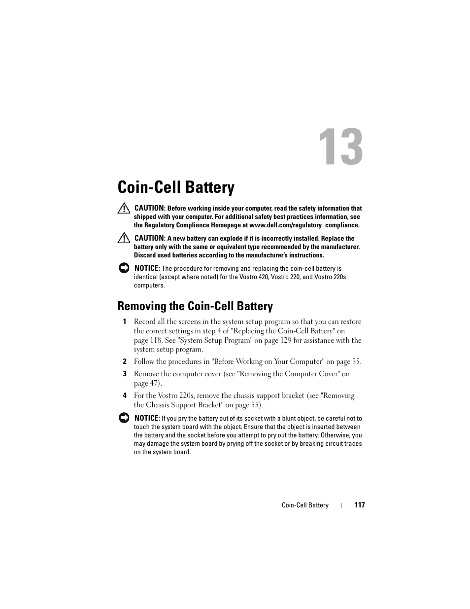 Coin-cell battery, Removing the coin-cell battery, Replace the battery (see "coin-cell | Dell Vostro 220 (Late 2008) User Manual | Page 117 / 138