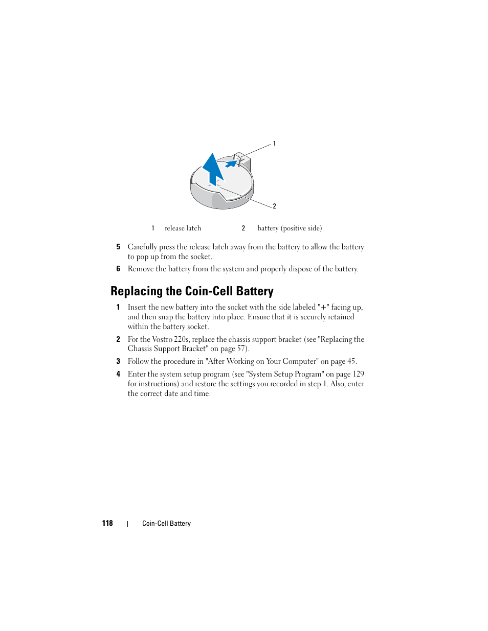 Replacing the coin-cell battery | Dell Vostro 220 (Late 2008) User Manual | Page 118 / 138