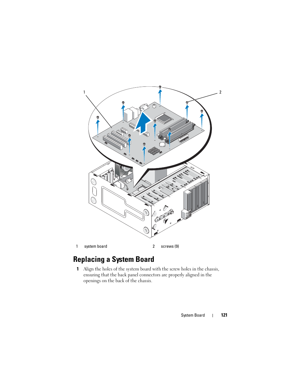 Replacing a system board | Dell Vostro 220 (Late 2008) User Manual | Page 121 / 138