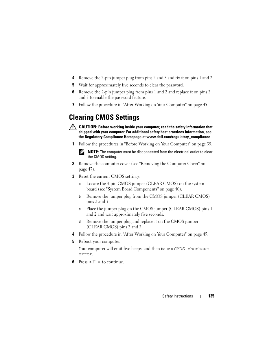 Clearing cmos settings | Dell Vostro 220 (Late 2008) User Manual | Page 135 / 138