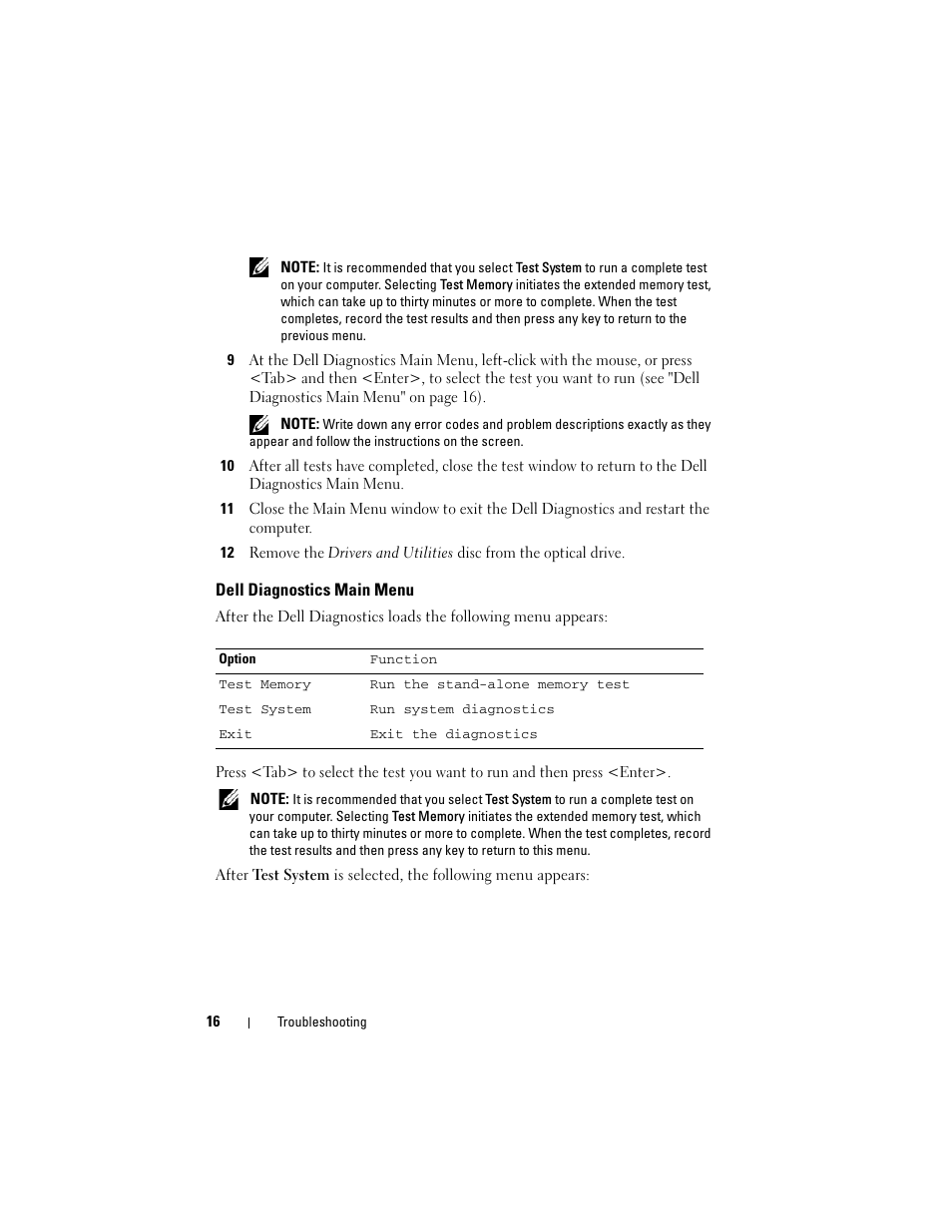 Dell diagnostics main menu | Dell Vostro 220 (Late 2008) User Manual | Page 16 / 138