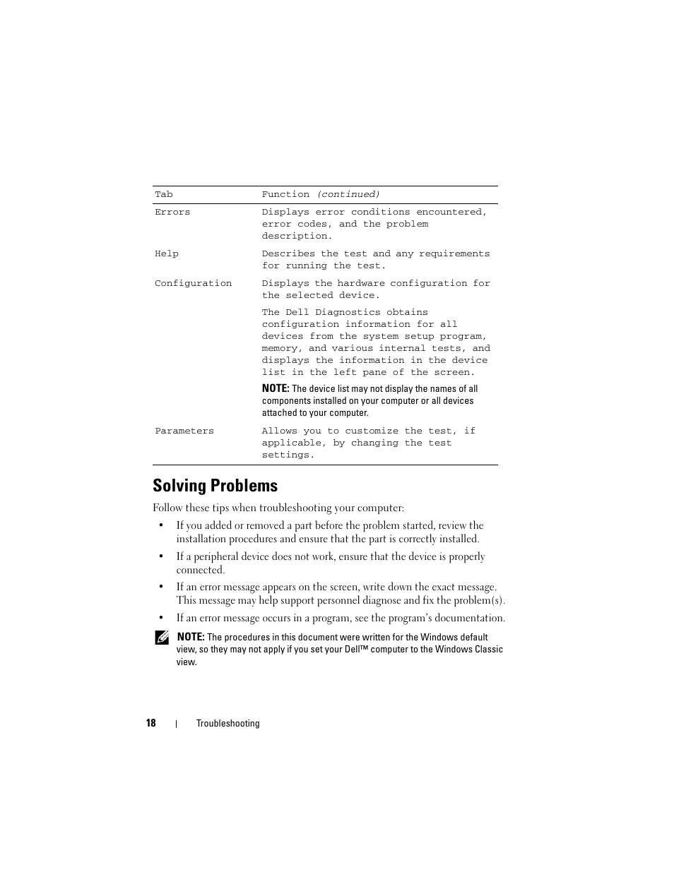 Solving problems | Dell Vostro 220 (Late 2008) User Manual | Page 18 / 138