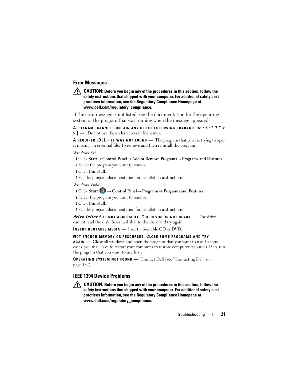 Error messages, Ieee 1394 device problems | Dell Vostro 220 (Late 2008) User Manual | Page 21 / 138