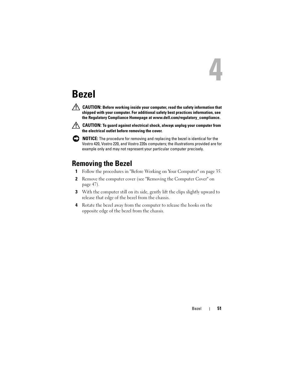 Bezel, Removing the bezel | Dell Vostro 220 (Late 2008) User Manual | Page 51 / 138