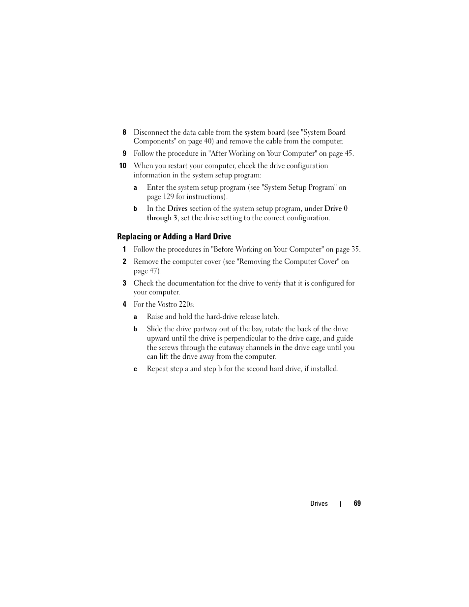 Replacing or adding a hard drive | Dell Vostro 220 (Late 2008) User Manual | Page 69 / 138