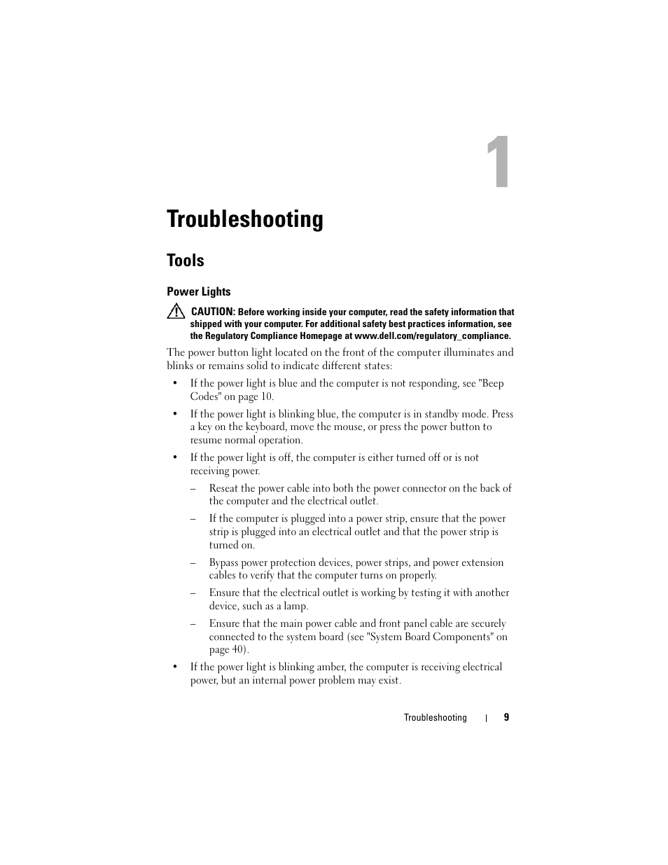 Troubleshooting, Tools, Power lights | Dell Vostro 220 (Late 2008) User Manual | Page 9 / 138