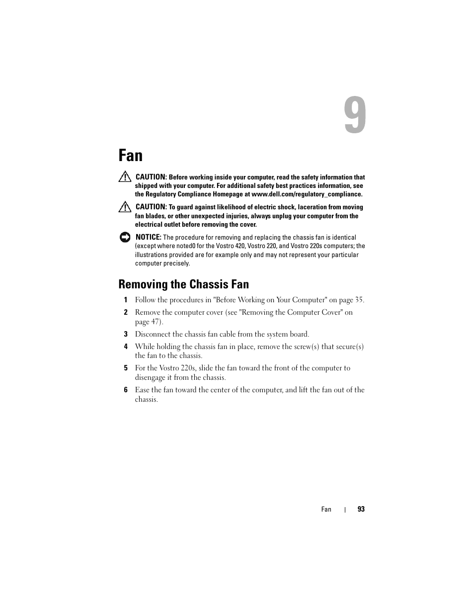 Removing the chassis fan | Dell Vostro 220 (Late 2008) User Manual | Page 93 / 138