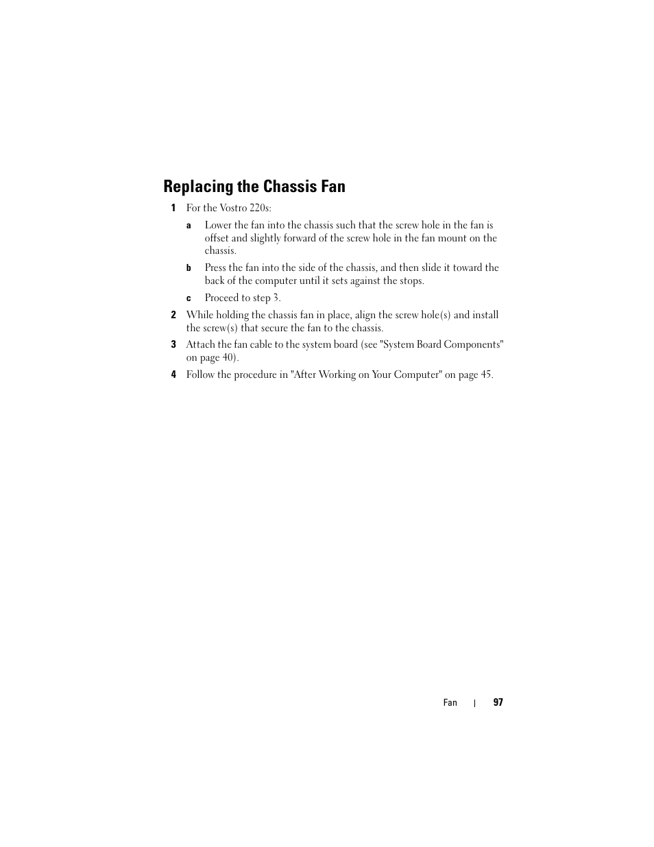 Replacing the chassis fan | Dell Vostro 220 (Late 2008) User Manual | Page 97 / 138