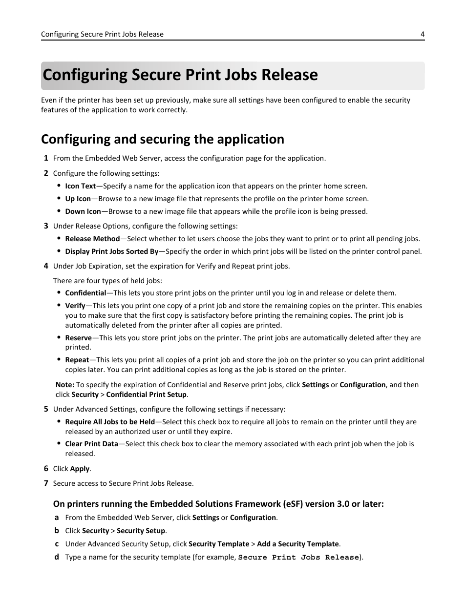 Configuring secure print jobs release, Configuring and securing the application | Dell B3460dn Mono Laser Printer User Manual | Page 4 / 16