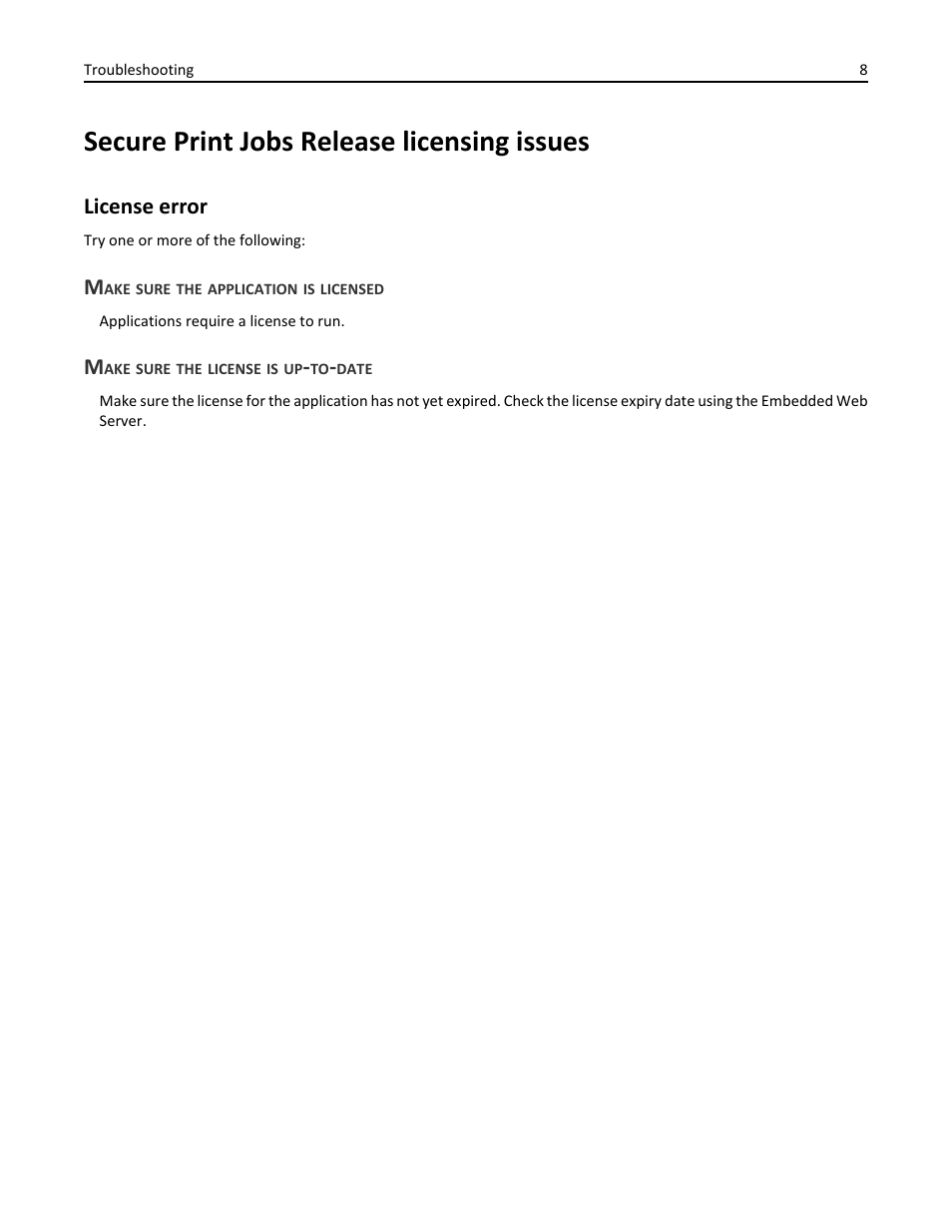 Secure print jobs release licensing issues, License error, Make sure the application is licensed | Make sure the license is up-to-date | Dell B3460dn Mono Laser Printer User Manual | Page 8 / 16