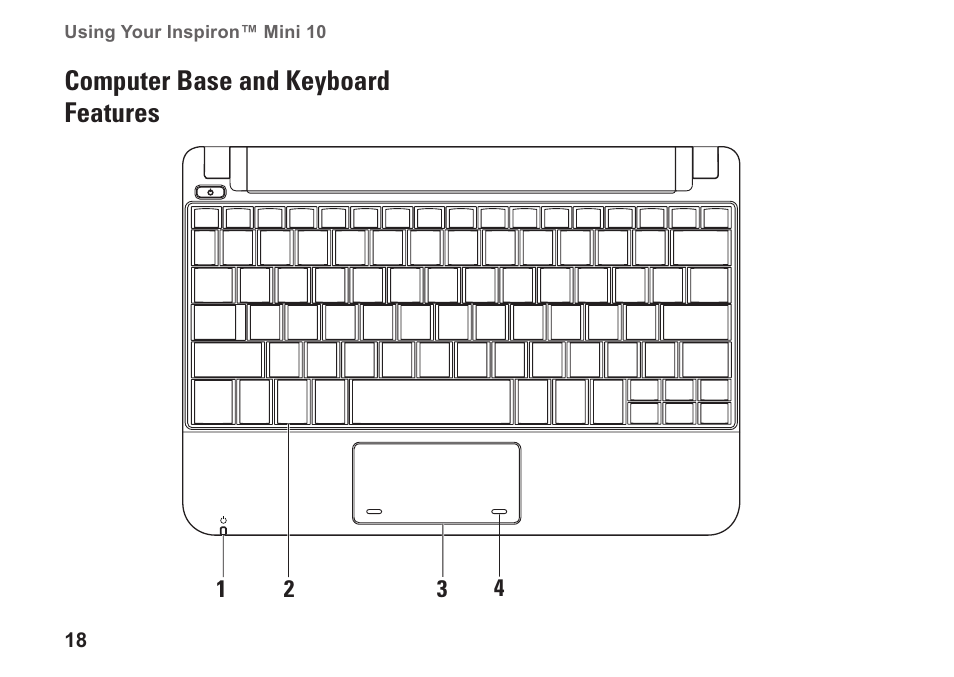 Computer base and keyboard features | Dell Inspiron Mini 10v (1011, Mid 2009) User Manual | Page 20 / 68