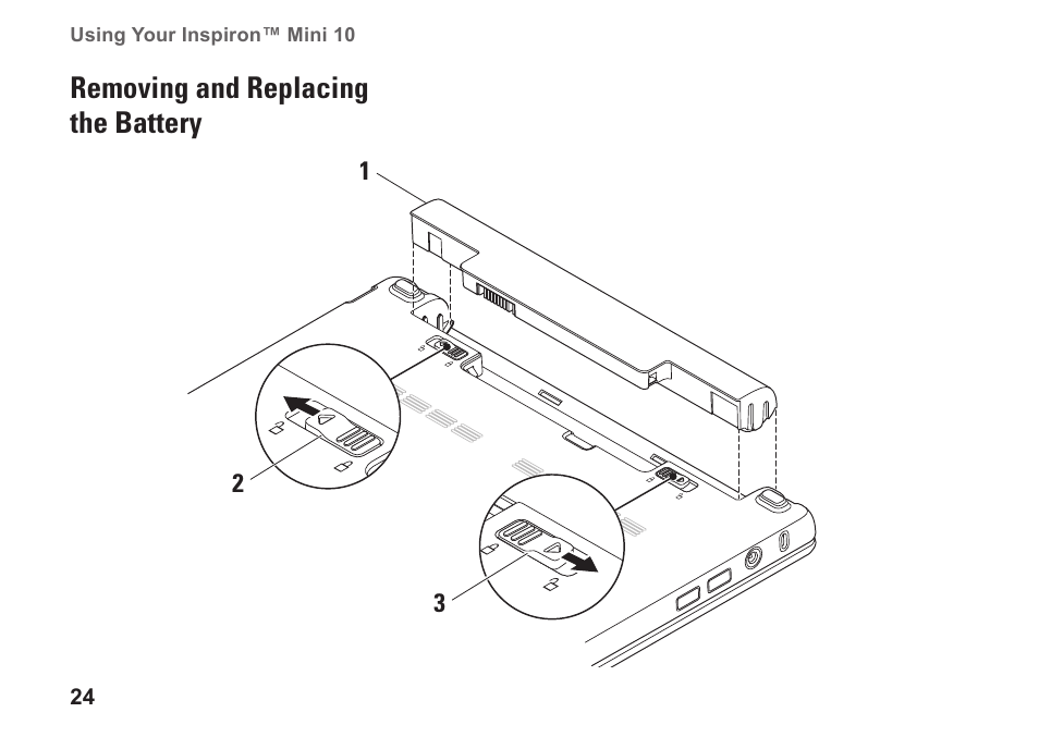 Removing and replacing the battery | Dell Inspiron Mini 10v (1011, Mid 2009) User Manual | Page 26 / 68