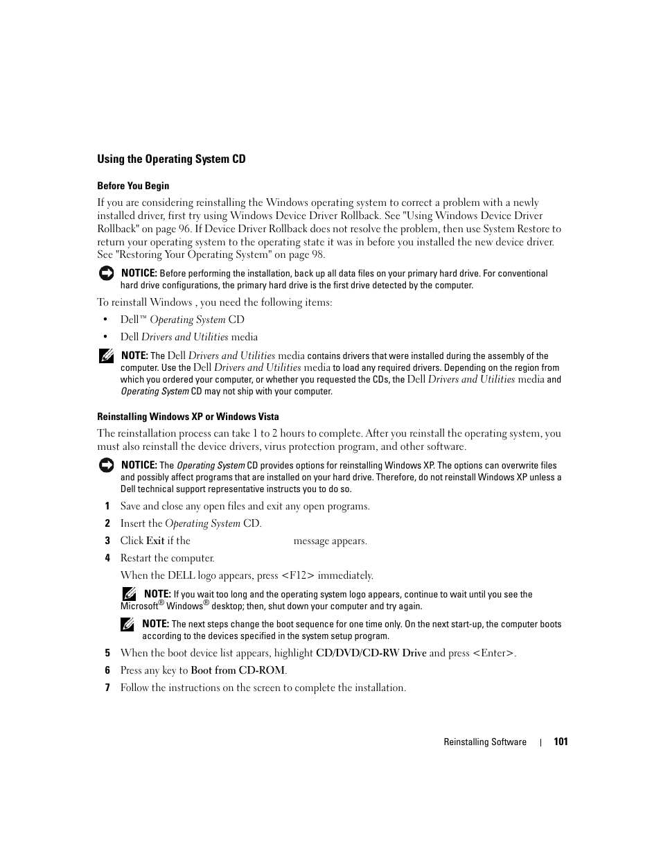 Using the operating system cd | Dell Latitude D430 (Mid 2007) User Manual | Page 101 / 150