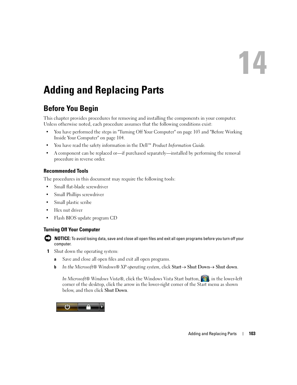 Adding and replacing parts, Before you begin, Recommended tools | Turning off your computer, 14 adding and replacing parts | Dell Latitude D430 (Mid 2007) User Manual | Page 103 / 150