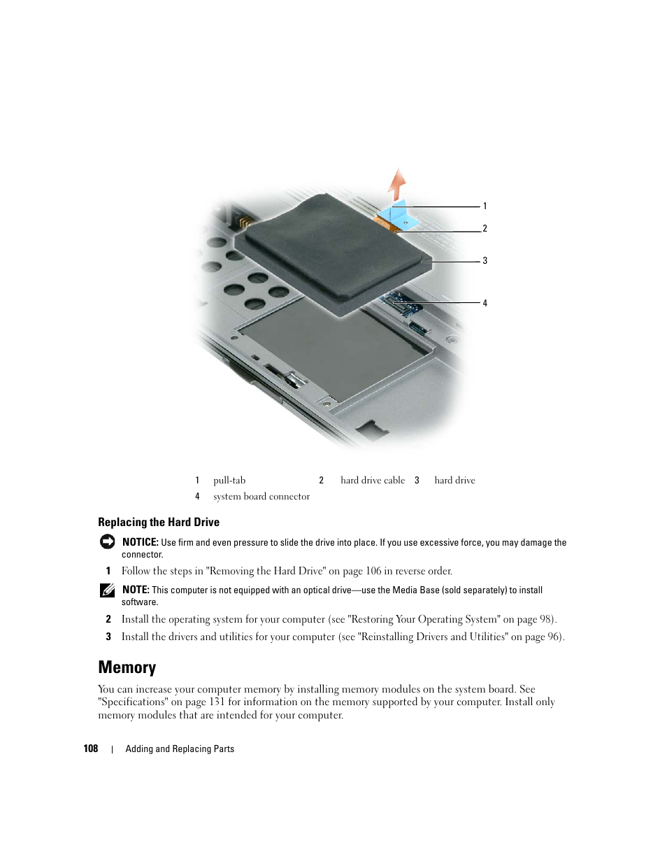 Replacing the hard drive, Memory, Memory" on | To en | Dell Latitude D430 (Mid 2007) User Manual | Page 108 / 150