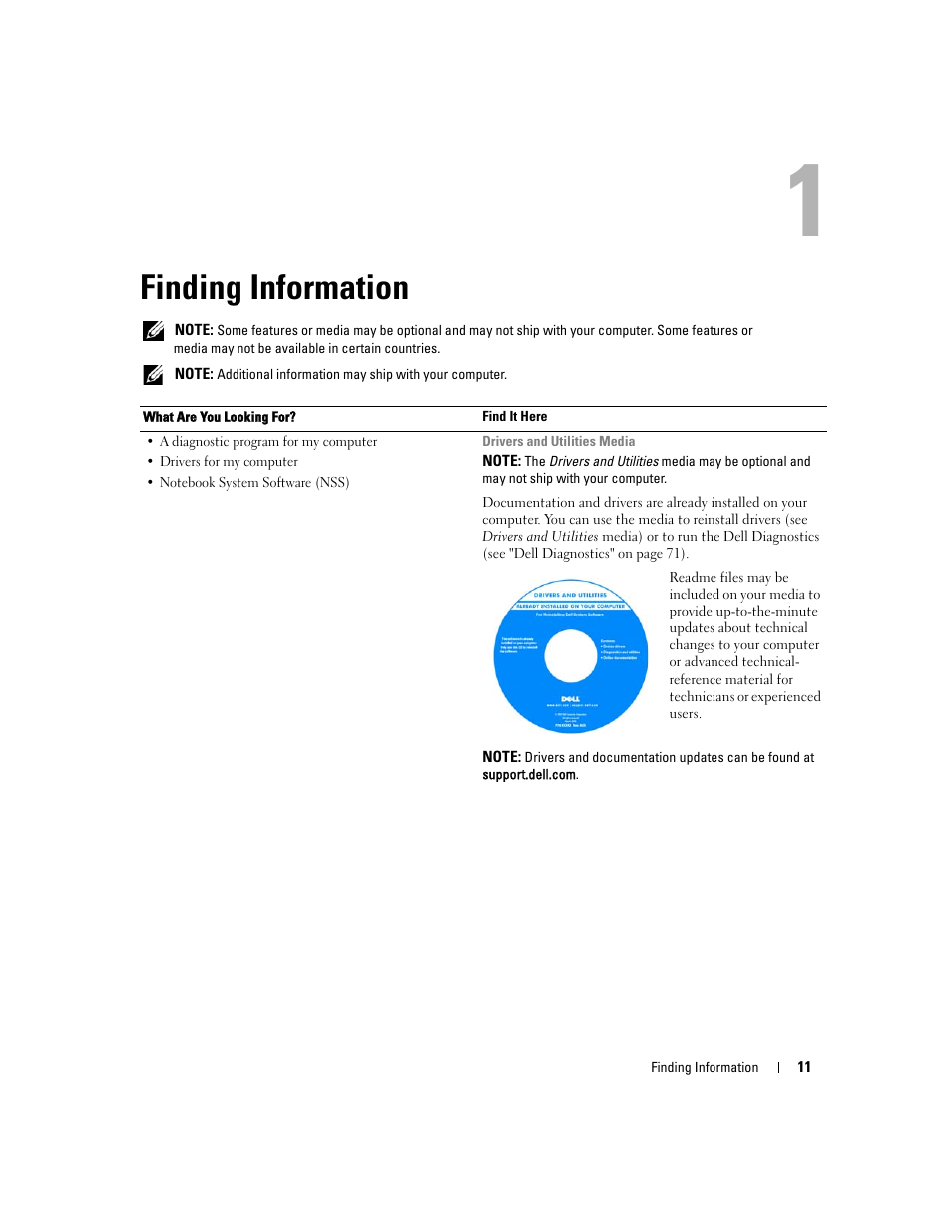 Finding information, 1 finding information | Dell Latitude D430 (Mid 2007) User Manual | Page 11 / 150