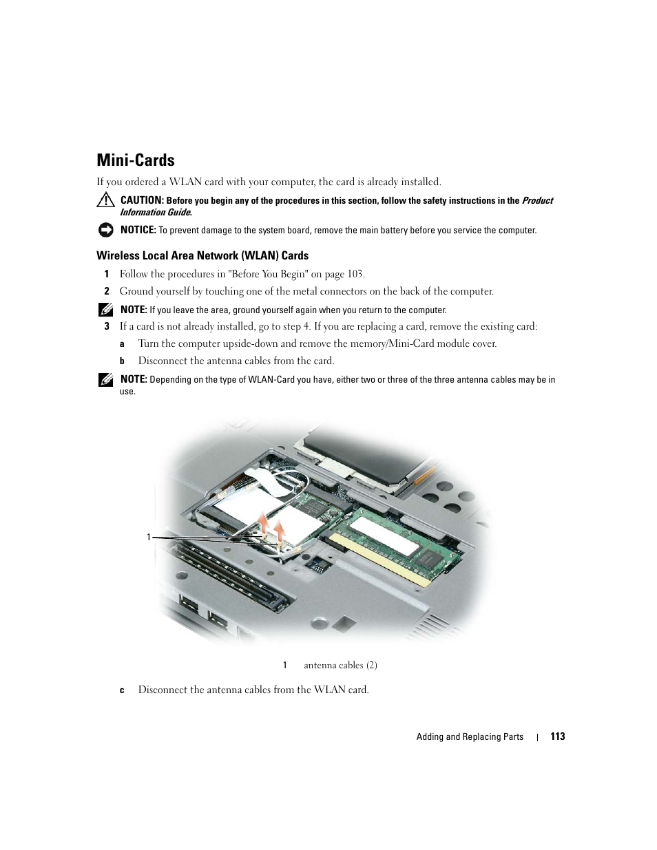 Mini-cards, Wireless local area network (wlan) cards | Dell Latitude D430 (Mid 2007) User Manual | Page 113 / 150