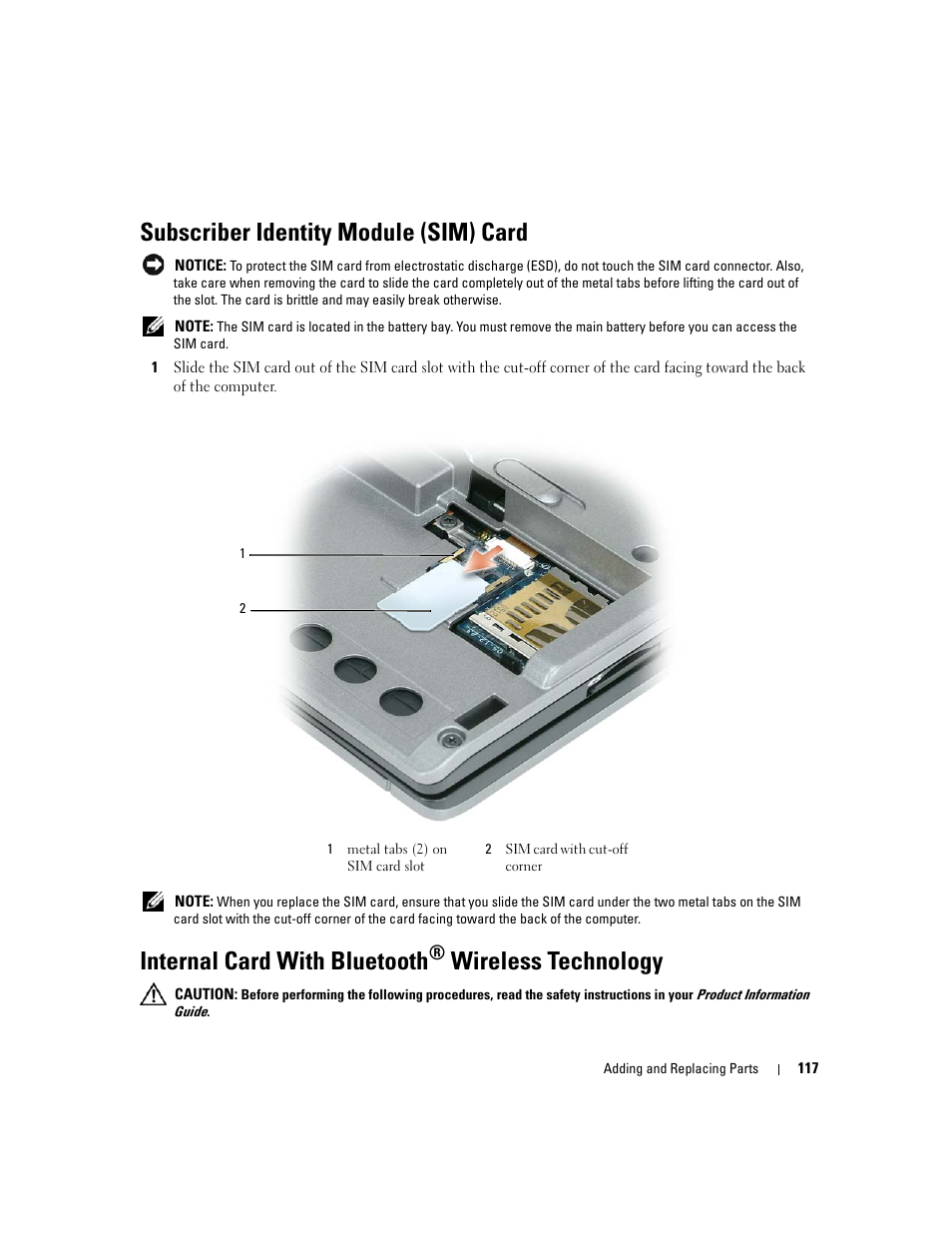 Subscriber identity module (sim) card, Internal card with bluetooth® wireless technology, Internal card with bluetooth | Wireless technology | Dell Latitude D430 (Mid 2007) User Manual | Page 117 / 150