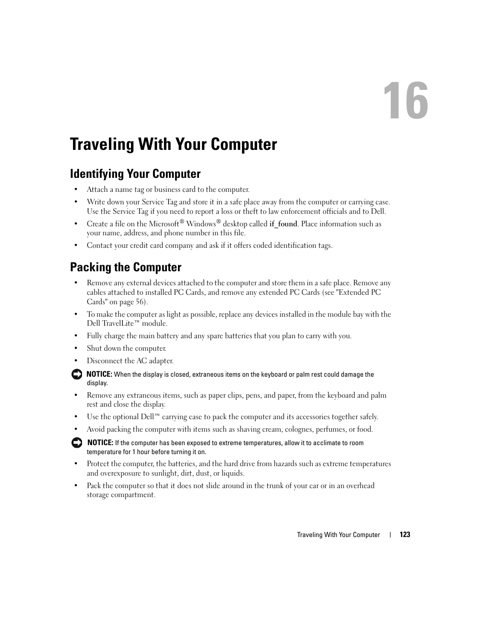 Traveling with your computer, Identifying your computer, Packing the computer | 16 traveling with your computer | Dell Latitude D430 (Mid 2007) User Manual | Page 123 / 150