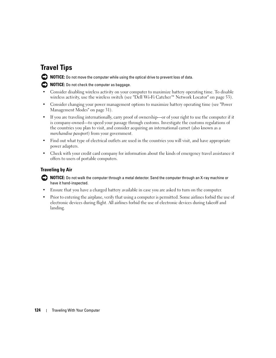 Travel tips, Traveling by air | Dell Latitude D430 (Mid 2007) User Manual | Page 124 / 150