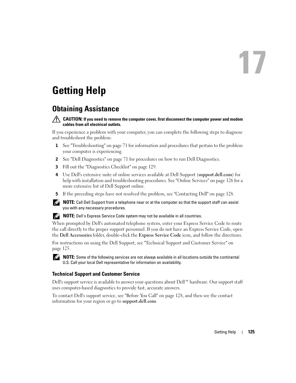 Getting help, Obtaining assistance, Technical support and customer service | 17 getting help | Dell Latitude D430 (Mid 2007) User Manual | Page 125 / 150