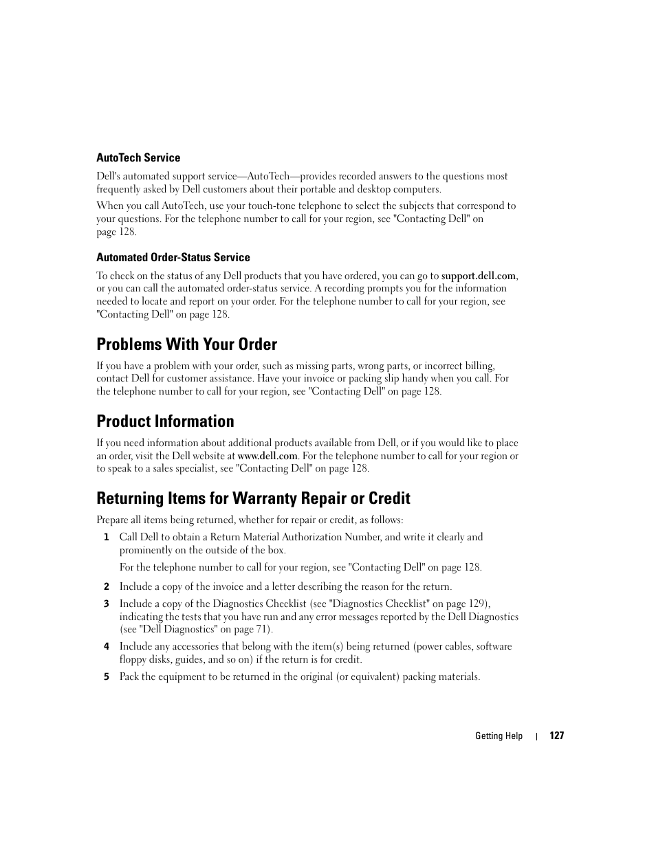 Autotech service, Automated order-status service, Problems with your order | Product information, Returning items for warranty repair or credit | Dell Latitude D430 (Mid 2007) User Manual | Page 127 / 150