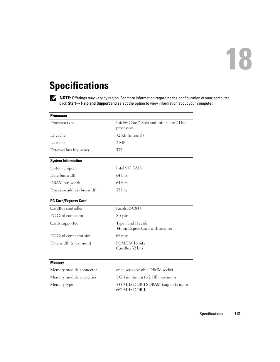 Specifications, 18 specifications | Dell Latitude D430 (Mid 2007) User Manual | Page 131 / 150