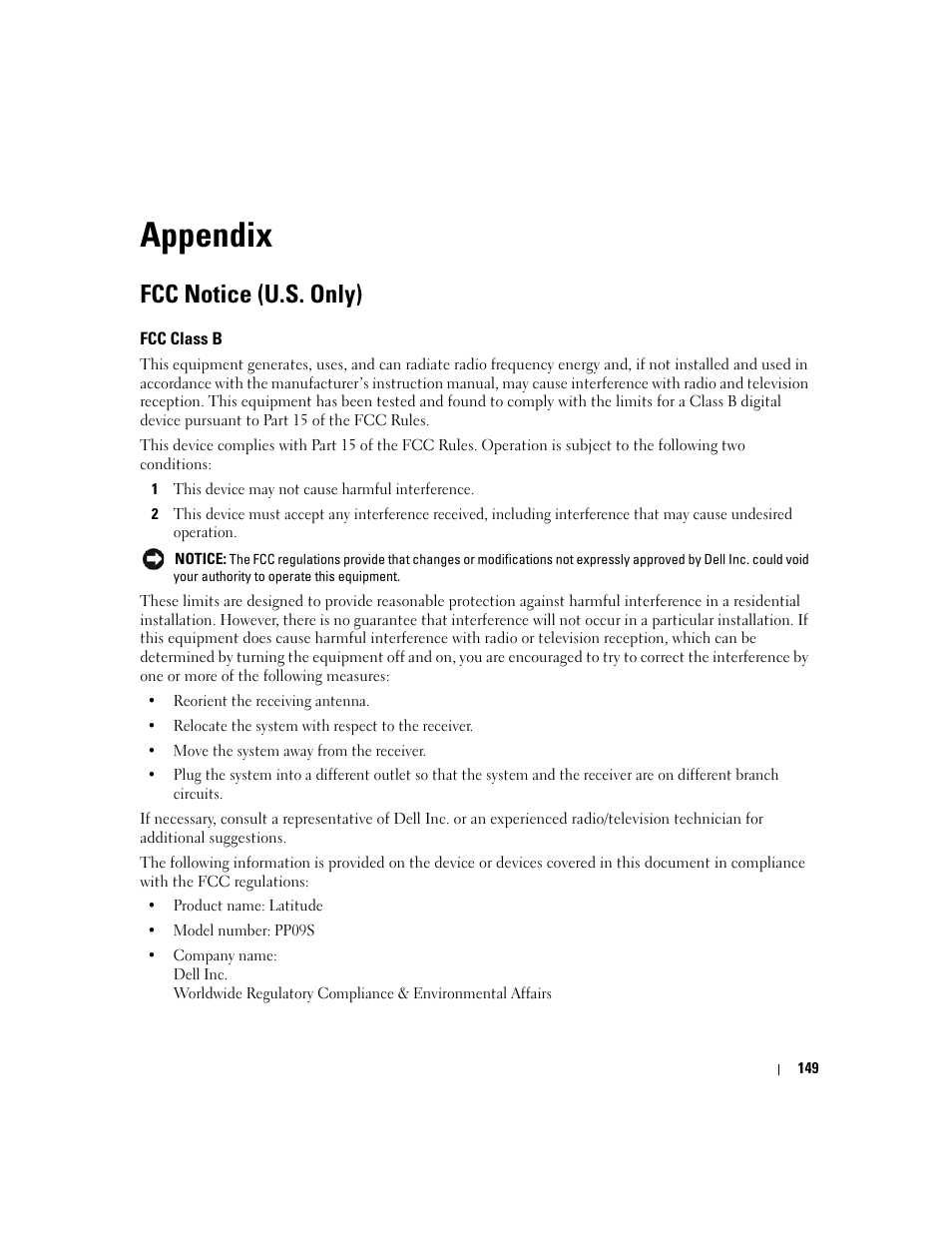 Appendix, Fcc notice (u.s. only), Fcc class b | Dell Latitude D430 (Mid 2007) User Manual | Page 149 / 150