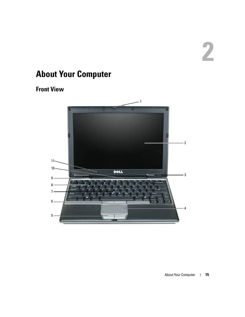 About your computer, Front view, 2 about your computer | Dell Latitude D430 (Mid 2007) User Manual | Page 15 / 150