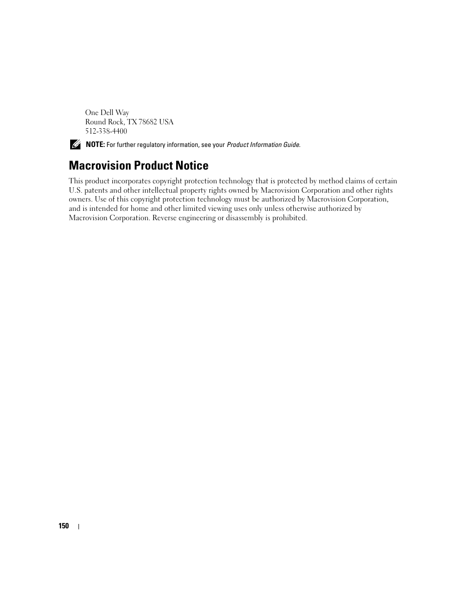Macrovision product notice | Dell Latitude D430 (Mid 2007) User Manual | Page 150 / 150