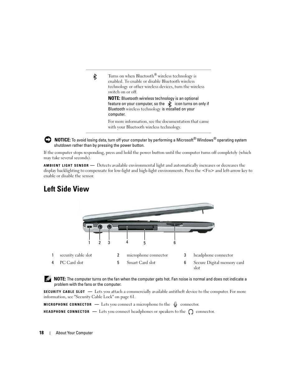 Left side view, Ambient light sensor | Dell Latitude D430 (Mid 2007) User Manual | Page 18 / 150