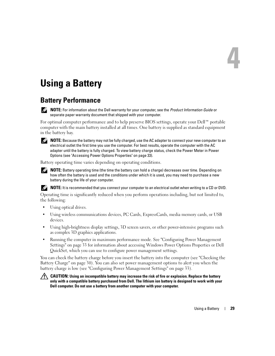 Using a battery, Battery performance, 4 using a battery | Dell Latitude D430 (Mid 2007) User Manual | Page 29 / 150