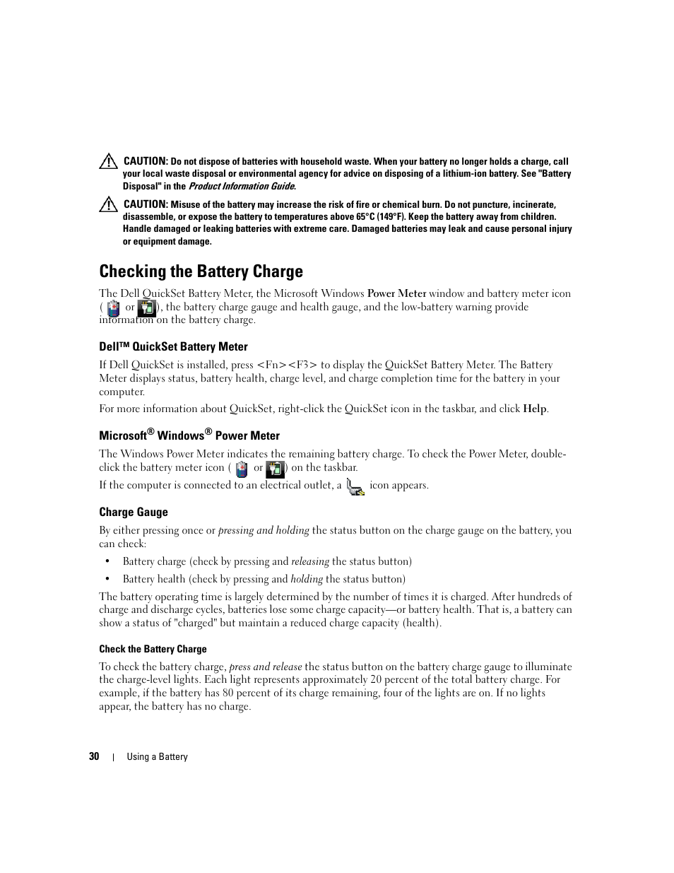 Checking the battery charge, Dell™ quickset battery meter, Microsoft® windows® power meter | Charge gauge, Microsoft, Checking the, Ee "checking the | Dell Latitude D430 (Mid 2007) User Manual | Page 30 / 150