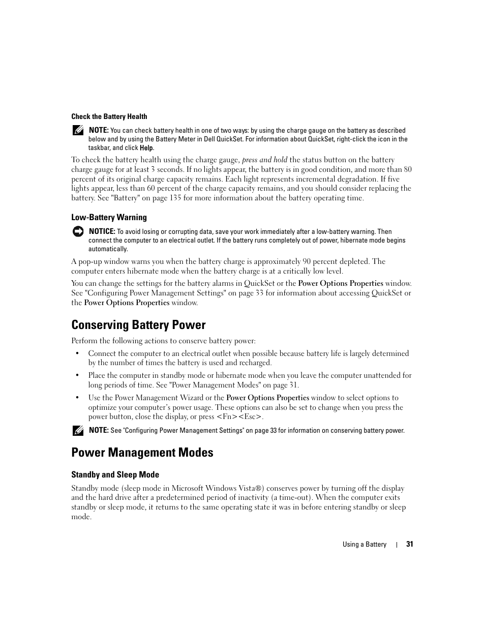 Low-battery warning, Conserving battery power, Power management modes | Standby and sleep mode, R management mode "power | Dell Latitude D430 (Mid 2007) User Manual | Page 31 / 150