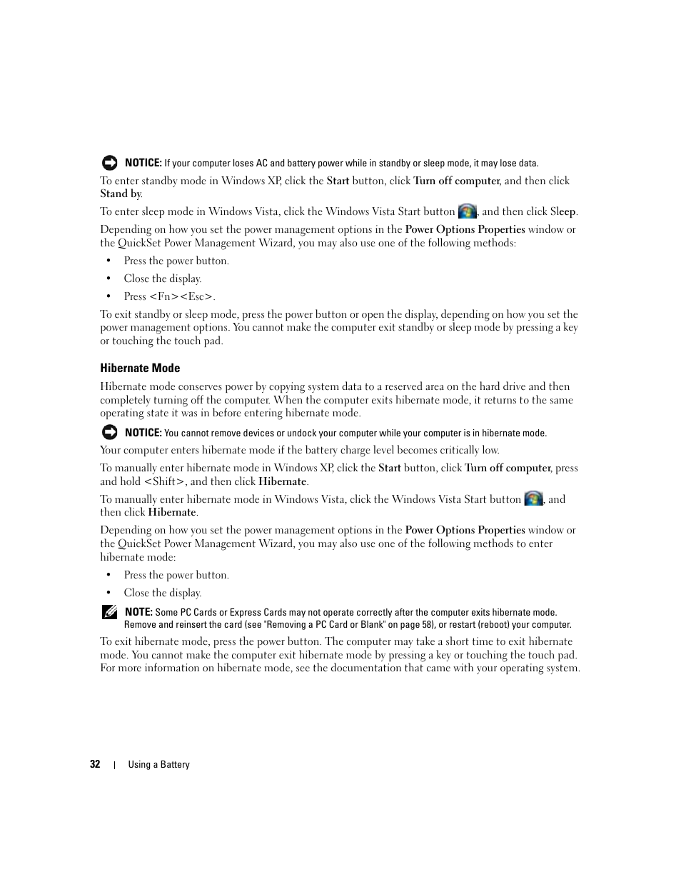 Hibernate mode | Dell Latitude D430 (Mid 2007) User Manual | Page 32 / 150