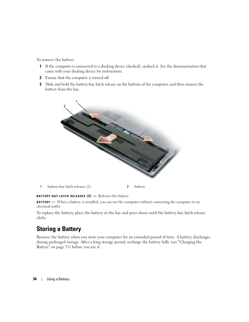 Storing a battery | Dell Latitude D430 (Mid 2007) User Manual | Page 34 / 150