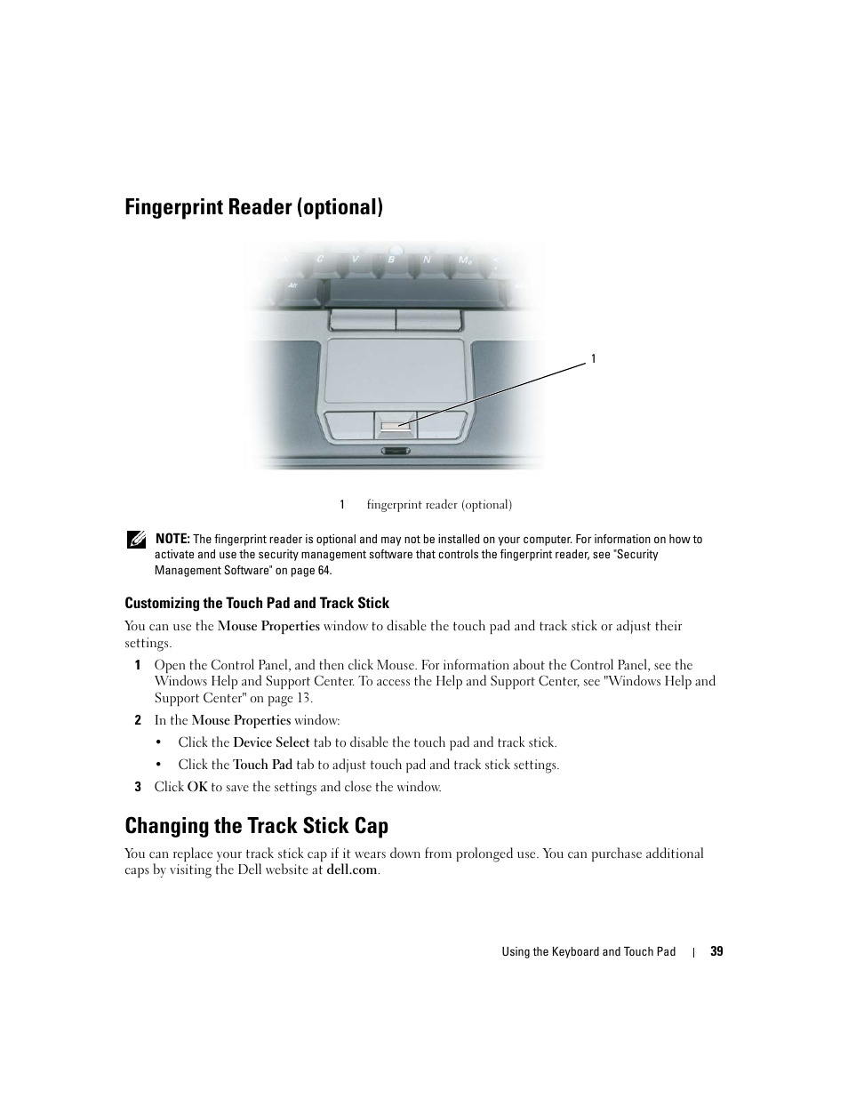 Fingerprint reader (optional), Customizing the touch pad and track stick, Changing the track stick cap | Dell Latitude D430 (Mid 2007) User Manual | Page 39 / 150