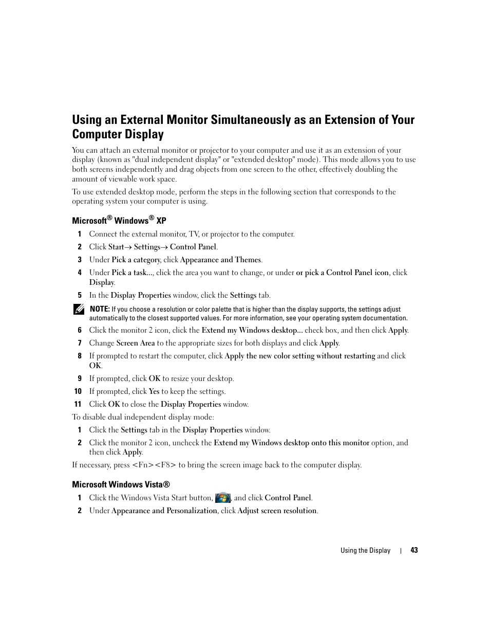 Microsoft® windows® xp, Microsoft windows vista, Microsoft | Dell Latitude D430 (Mid 2007) User Manual | Page 43 / 150