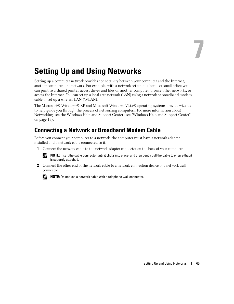 Setting up and using networks, Connecting a network or broadband modem cable, 7 setting up and using networks | Dell Latitude D430 (Mid 2007) User Manual | Page 45 / 150