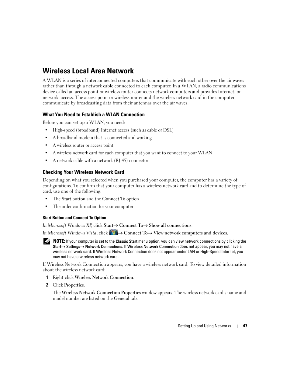 Wireless local area network, What you need to establish a wlan connection, Checking your wireless network card | Dell Latitude D430 (Mid 2007) User Manual | Page 47 / 150